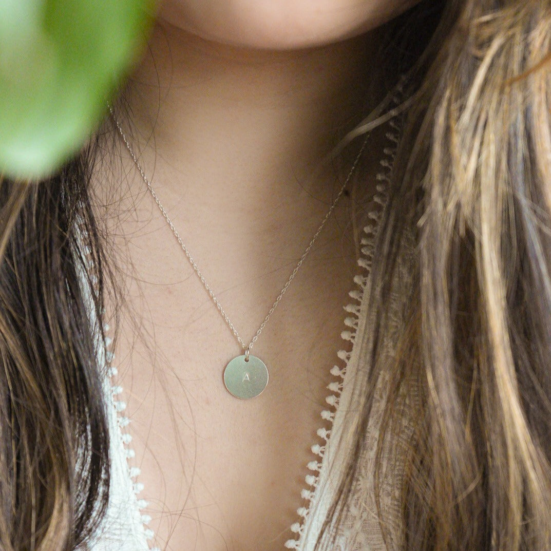 Sterling Silver Hand Stamped Round Pendant and Necklace - Personalised Initial