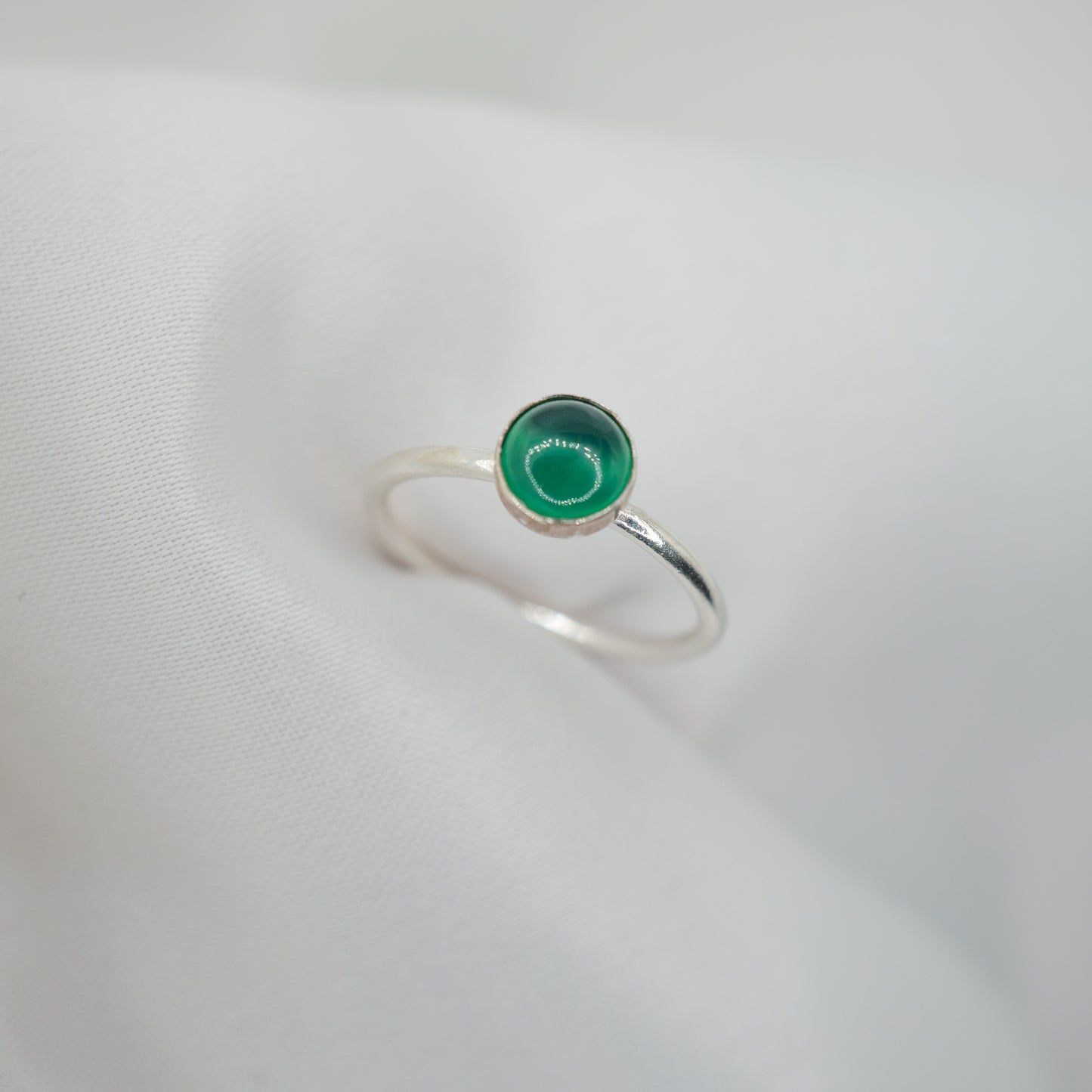 Sterling Silver Green Onyx Cabochon Ring - shot on white - upwards view