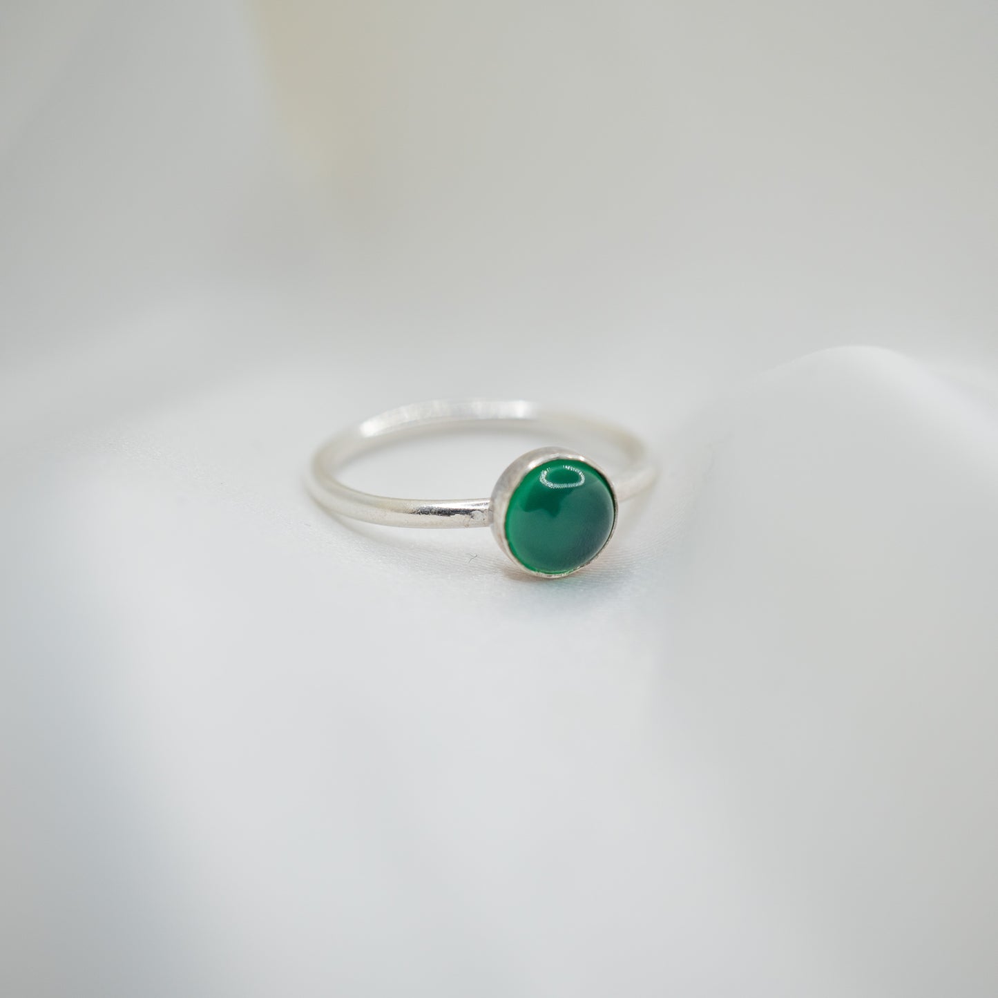 Sterling Silver Green Onyx Cabochon Ring - shot on white - right side view view