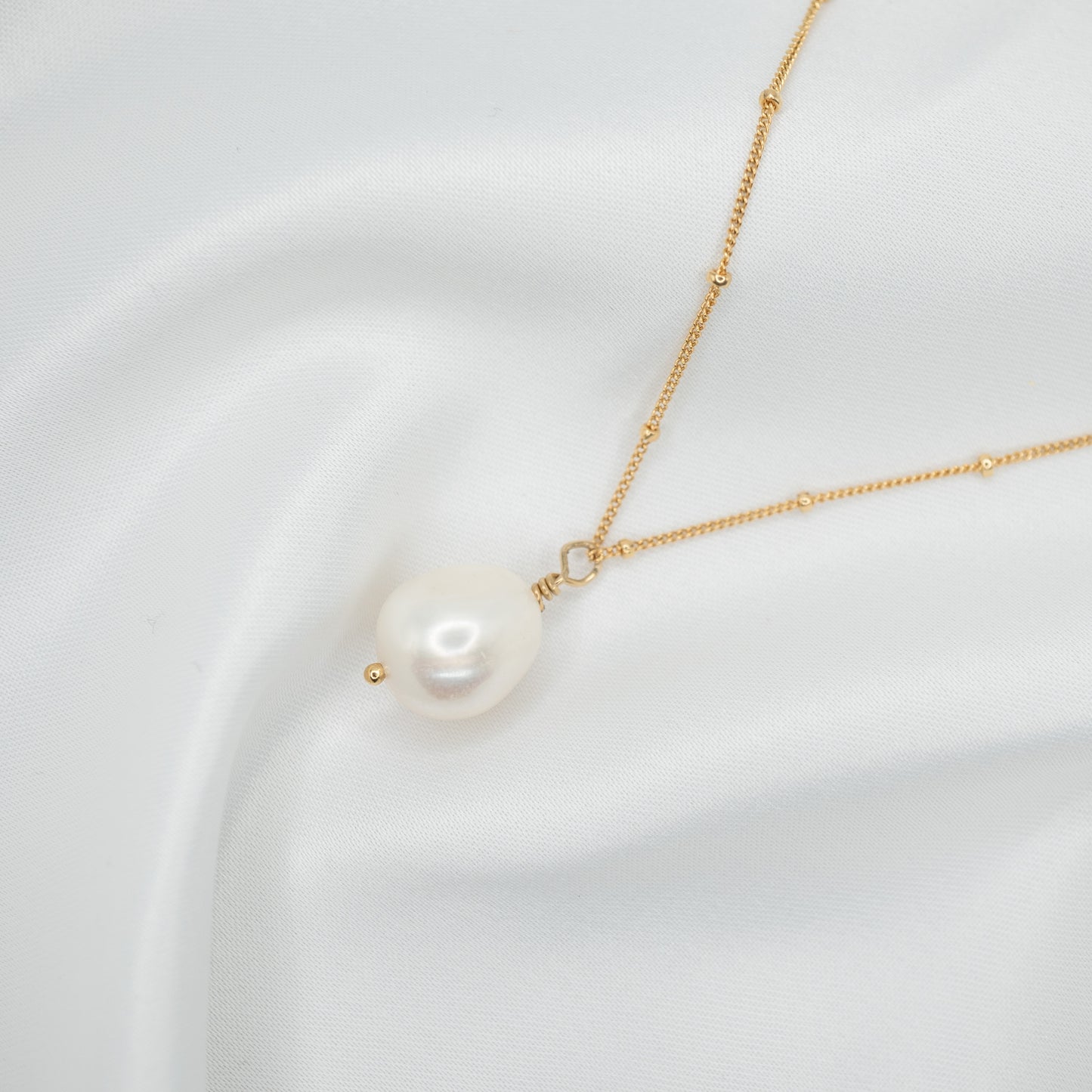 Gold Filled Baroque Pearl Pendant and Satellite Necklace - shot on white