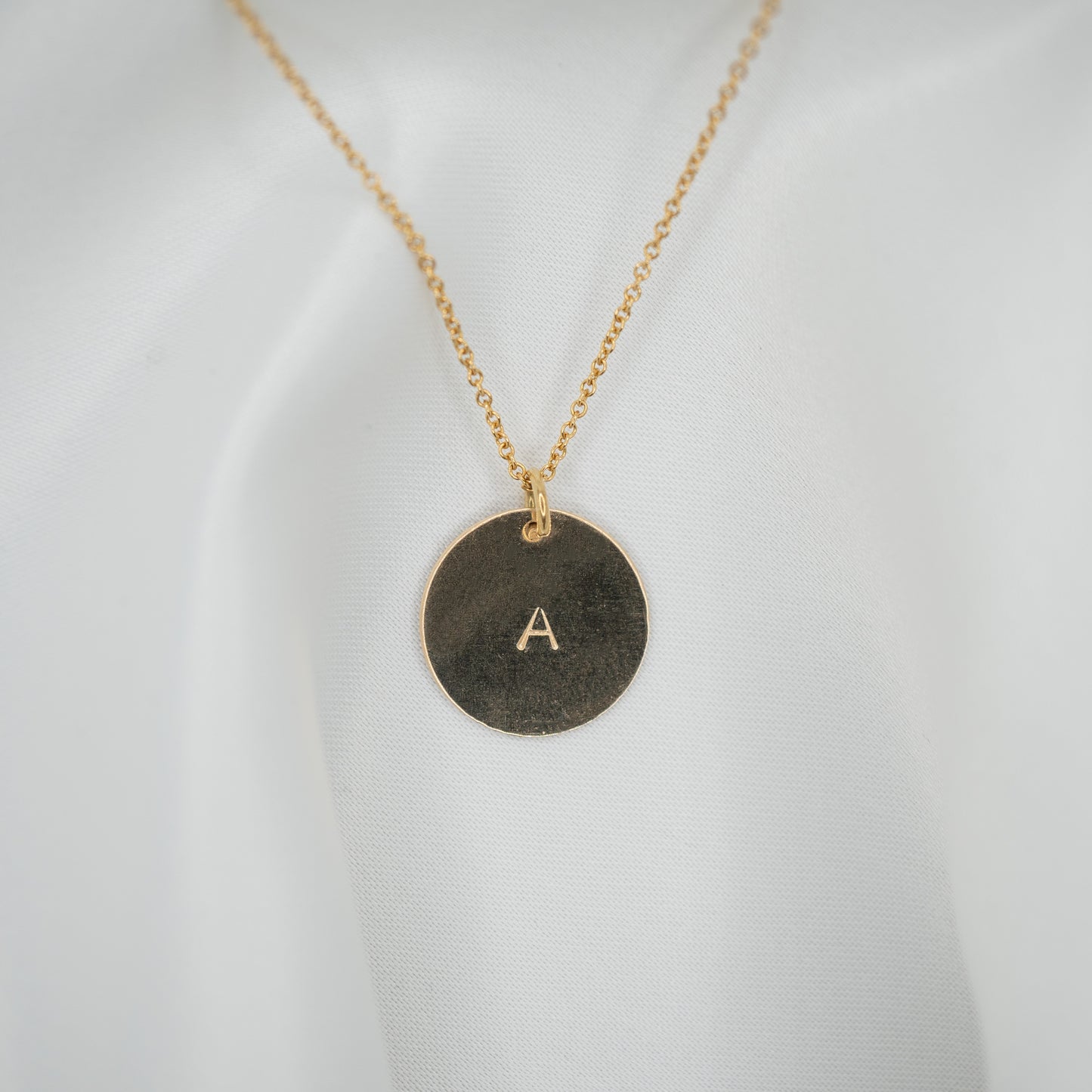 Gold Filled Hand Stamped Round Pendant and Necklace - Personalised Initial - shot on white