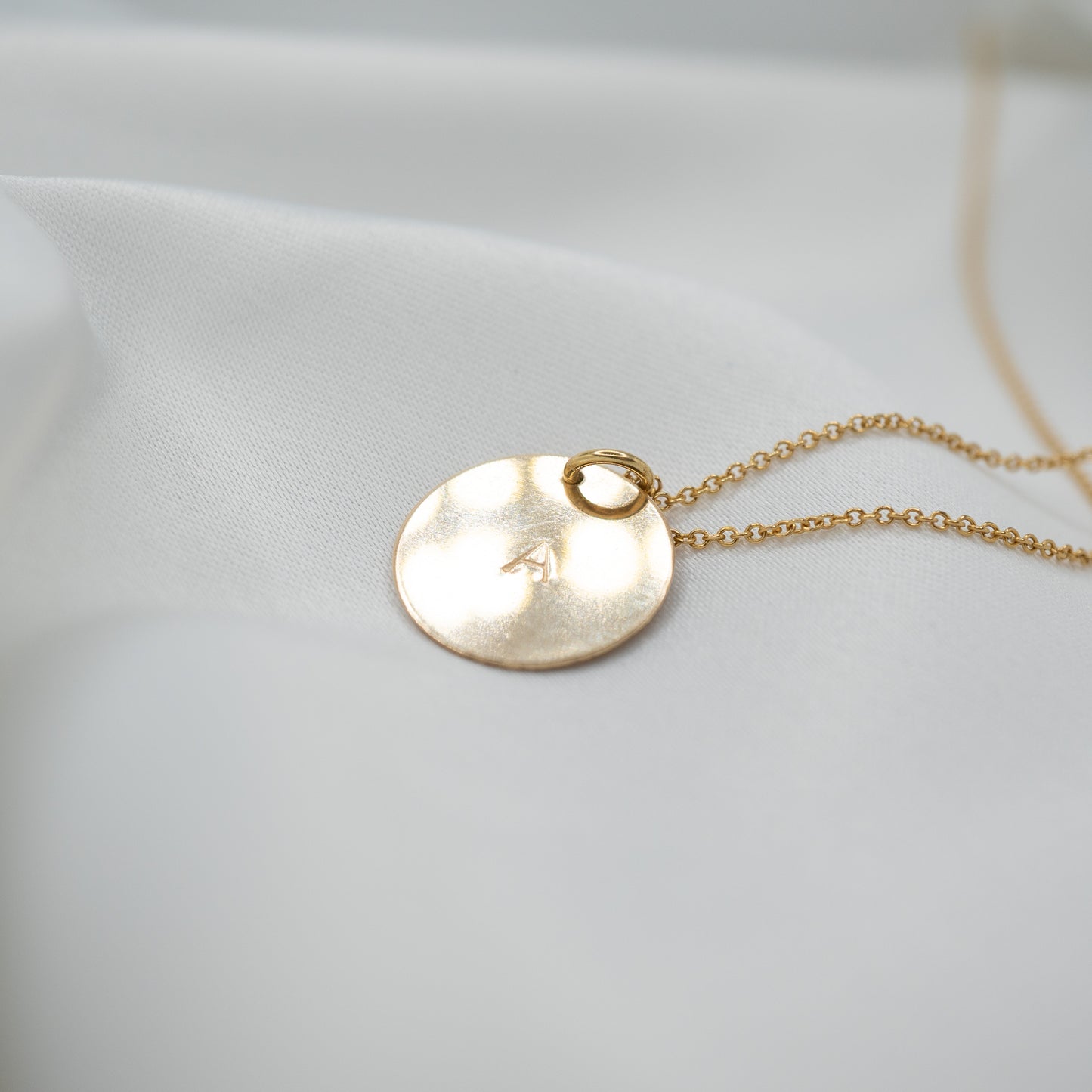 Gold Filled Hand Stamped Round Pendant and Necklace - Personalised Initial - shot on white - side view 