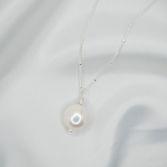 Sterling Silver Baroque Pearl Pendant and Satellite Necklace - shot on white - front